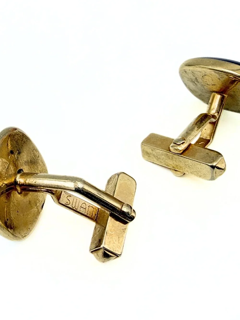 Antique Art Deco Swank Signed Cushion Cut Blue Glass MCM Minimalist Cufflinks